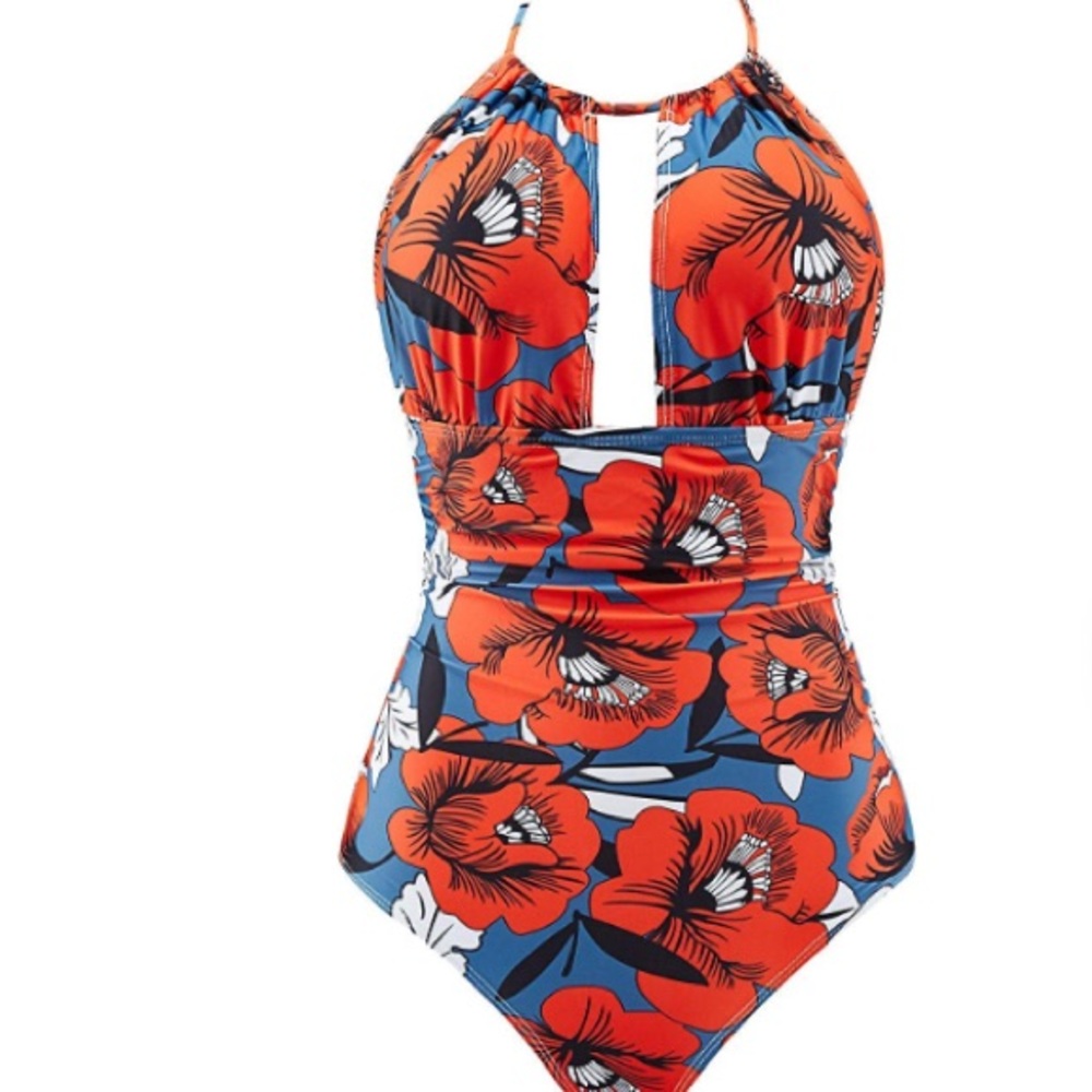 2BPrity Women's Blue & Red Floral Halter One Piece Swimsuit Size Medium (10) - Picture 1 of 10
